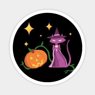 Spooky and Cute Halloween Witch Cat and Pumpkin in Mid-Century Style Magnet